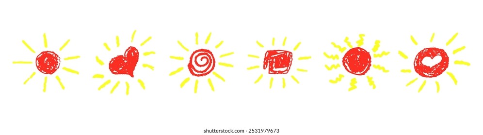 Divertido como criança desenhando sol amarelo. Coleção pintada com lápis de cera ou lápis pastel ícones ensolarados. Símbolos do céu de verão. Elementos de design. Ilustração de vetor de textura de giz áspero em estilo infantil