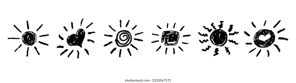 Divertido como criança desenhando sol negro. Coleção pintada com lápis de cera ou lápis pastel ícones ensolarados. Símbolos do céu de verão. Ilustração de vetor de textura de giz áspero em estilo infantil. Elementos de design