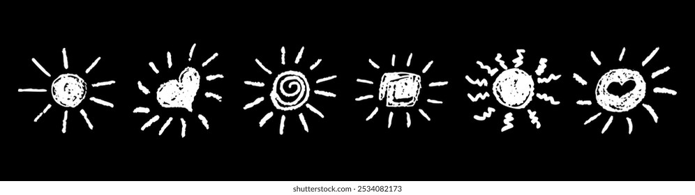 Divertido como criança desenhando sol branco. Coleção pintada com lápis de cera ou lápis pastel ícones ensolarados. Símbolos do céu de verão. Ilustração de vetor de textura de giz áspero em estilo infantil. Elementos de design.