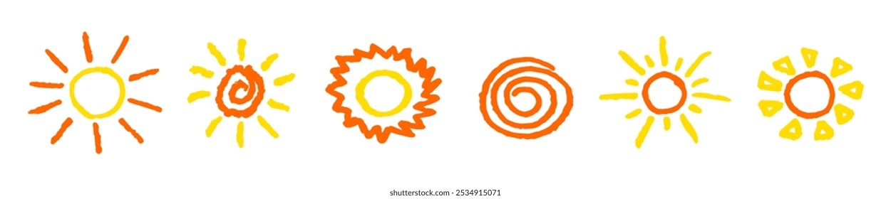 Divertido como criança desenhando sol amarelo. Coleção pintada com lápis de cera ou lápis pastel ícones ensolarados. Símbolos do céu de verão. Elementos de design. Ilustração de vetor de textura de giz áspero em estilo infantil