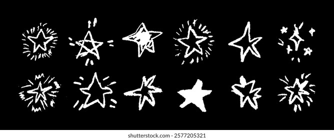 Set of fun like kid drawing white stars. Collection of wax pencil texture geometric elements. Night sky symbols scribble, doodle. Rough chalk or crayon vector illustration. Squiggles in children style