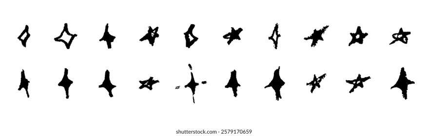 Set of fun like kid drawing black stars. Collection of wax pencil texture geometric elements. Night sky symbols scribble, doodle. Rough chalk or crayon vector illustration. Squiggles in children style