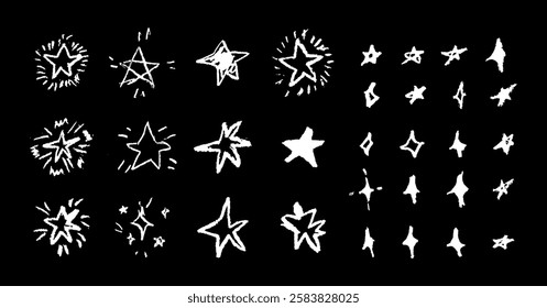 Set of fun like kid drawing white stars. Collection of wax pencil texture geometric elements. Night sky symbols scribble, doodle. Rough chalk or crayon vector illustration. Squiggles in children style