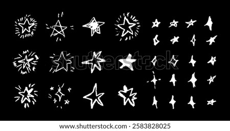 Set of fun like kid drawing white stars. Collection of wax pencil texture geometric elements. Night sky symbols scribble, doodle. Rough chalk or crayon vector illustration. Squiggles in children style