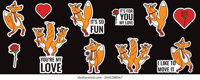 Set fun Love Sticker isolated black background. Vector illustration of red fox sticky Sticker collection. Perfect romantic Valentine's Day Sticker. EPS 10