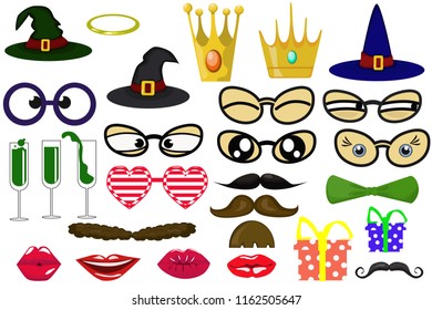 Set of fun masks. Party Birthday, Halloween, Merry Christmas or New Year's photo booth props. Mustache, spectacles, bow tie and mouth in cartoon style. Vector illustration isolated on white background