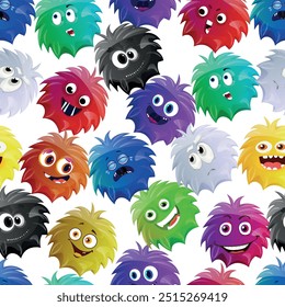 Set of fun monster germs, furry character, showing different emotions, emoticons, flat cartoon style. Seamless pattern.