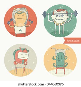 Set of fun monster icons, doing sport exercises in gym with barbell and dumbbells, one is eating healthy cocktail. Vector cute illustration.