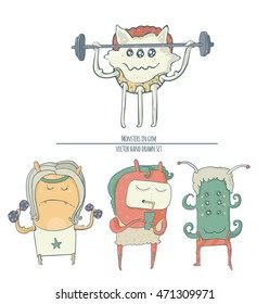 Set of fun monster icons, doing sport exercises in gym with barbell and dumbbells, one is eating healthy cocktail. Vector cute illustration isolated on white background