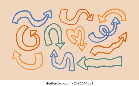Set of fun playful quirky arrows pointing in different directions. Colorful retro style pointers for planners, infographics, etc.