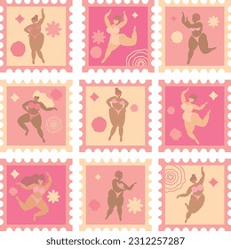 A set of fun postage stamps with curvy girls, plus-size women. Vector illustration of body positive vibes, fun, positive vacation lifestyle.