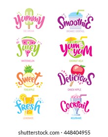 Set fun quotes label. Yummy, smoothies, juicy, yum-yum, sweet, delicious, cocktail, ice cream, watermelon, coconut, pineapple, candy apple, lemonade, milkshake. The trend calligraphy isolated on white