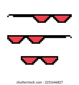 Set of fun retro pixel sun glass icon, life style meme sunglasses thug, vector illustration .