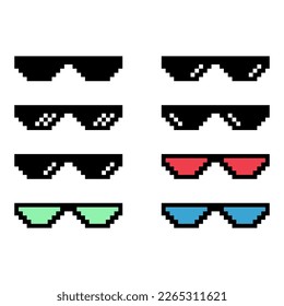 Set of fun retro pixel sun glass icon, life style meme sunglasses thug, vector illustration .