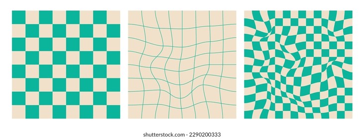 A set of fun seamless groove style patterns. Turquoise gray-white colors. Retro Trippy style. Hippie 60s, 70s style	