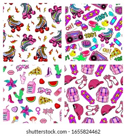 Set of fun seamless patterns with colorful school break elements. Fun kid's leisure games backgrounds with patches in 90s style: rollerblades, sunglasses, skates, alarm clocks, etc.