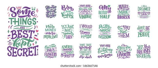 Set with fun slogans for concept design. Hand drawn illustrations. Modern calligraphy quotes. Typography tee print design. Cute lettering for kids fashion. Vector