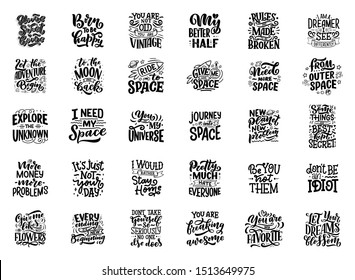 Set with fun slogans for concept design. Hand drawn illustrations. Modern calligraphy quotes. Typography tee print design. Cute lettering for kids fashion. Vector