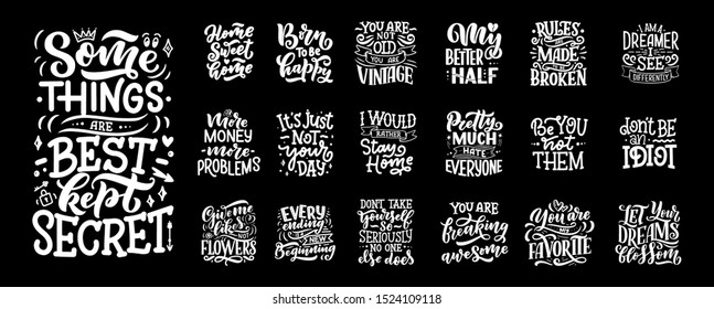 Set with fun slogans for concept design. Hand drawn illustrations. Modern calligraphy quotes. Typography tee print design. Cute lettering for kids fashion. Vector