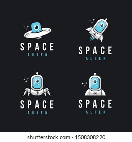 Set of Fun space alien spaceship logo icon set on dark background