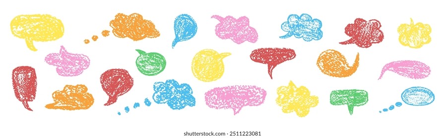 Satz lustiger Sprechblasen für Chat. Comic-Frame-Vorlagen für Dialoge. Sammlung von Kinder-Sprechballons Handschrift mit Wachsstift. Farbige Rahmen im Schuldoodle-Stil. Vektorgrafik.