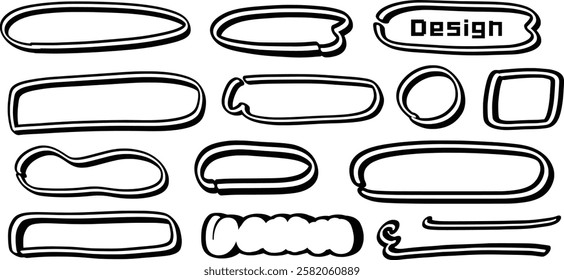 Set of fun speech bubbles drawn with double lines. Vector illustration isolated on a transparent background.