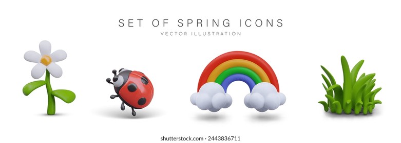 Set of fun spring icons in cartoon style. 3D white daisy, ladybug, rainbow on clouds, green grass