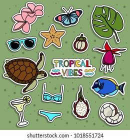 Set of fun sticker badges with tropical exotic relax items. Vector illustrations. Cocktail, dragon fruit, monster leaf, sunglasses, coconut, butterfly, mangosteen, starfish, Frangipani, Fuschia, fish