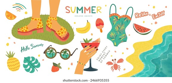 Set of fun summer design elements. Illustrations of feet in sandals on grass, hand with a glass, sunglasses, swimsuit and more. Collection of hand drawn stickers for scrapbooking, home decor, covers