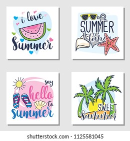 Set of fun summer holidays cards. Hello summer hand drawn style vector illustration