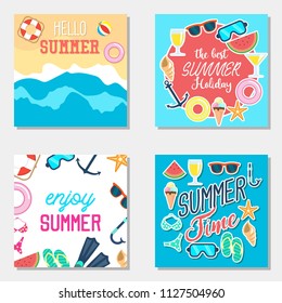 Set of fun summer holidays cards. Hello summer and sale offering vector illustration