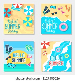 Set of fun summer holidays cards. Hello summer and sale offering vector illustration