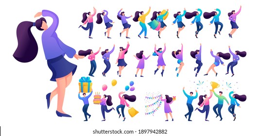 Set of a fun teen girl. Presentation in various in various poses and actions. 2D Flat character vector illustration N2