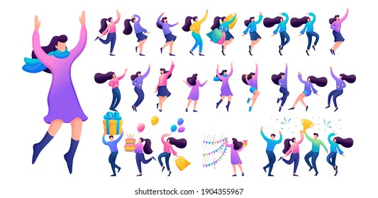 Set of a fun teen girl. Presentation in various in various poses and actions. 2D Flat character vector illustration N6