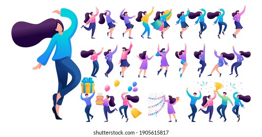 Set of a fun teen girl. Presentation in various in various poses and actions. 2D Flat character vector illustration N7