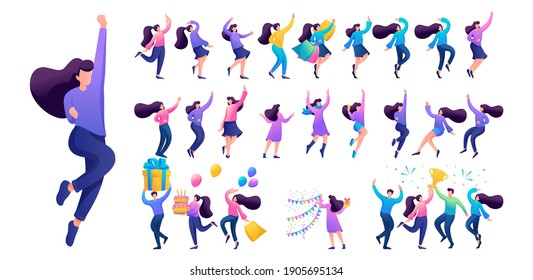 Set of a fun teen girl. Presentation in various in various poses and actions. 2D Flat character vector illustration N9.