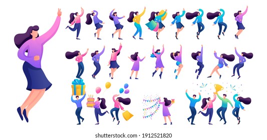 Set of a fun teen girl. Presentation in various in various poses and actions. 2D Flat character vector illustration N11.