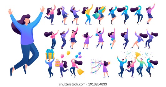 Set of a fun teen girl. Presentation in various in various poses and actions. 2D Flat character vector illustration N12.