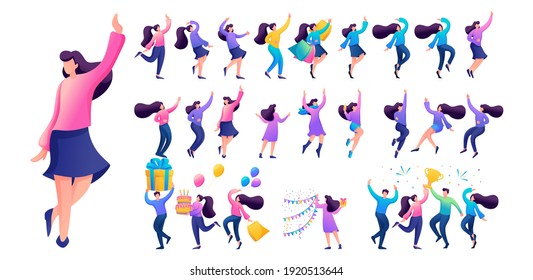 Set of a fun teen girl. Presentation in various in various poses and actions. 2D Flat character vector illustration N14.