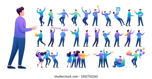 Set of a fun teen man. Presentation in various in various poses and actions. 2D Flat character vector illustration N12.