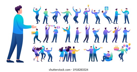 Set Of A Fun Teen Man. Presentation In Various In Various Poses And Actions. 2D Flat Character Vector Illustration N10.