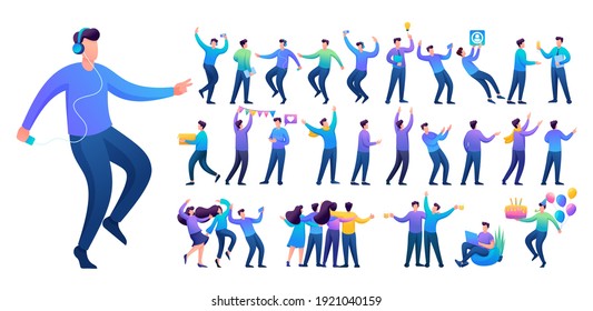 Set of a fun teen man. Presentation in various in various poses and actions. 2D Flat character vector illustration N4.