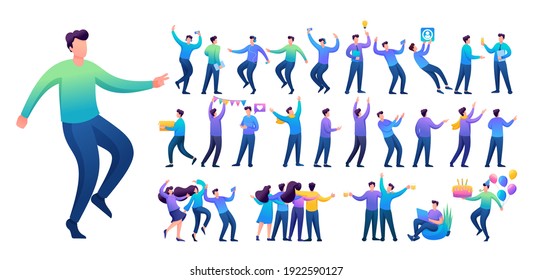 Set of a fun teen man. Presentation in various in various poses and actions. 2D Flat character vector illustration N5.