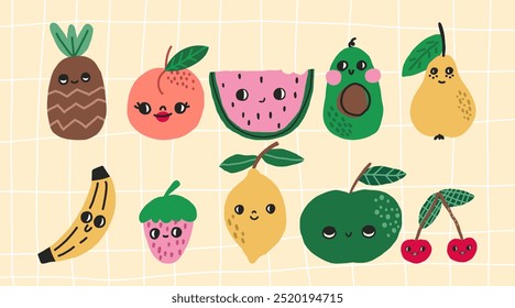 Eine Reihe von Spaß Trending emotionale Früchte. Erdbeere, Birne, Wassermelone, Avocado, Wassermelone, Kirsche, Apfel, Banane und Erdbeere