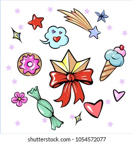 Set of fun trendy diadem sweets heart star icecream candy flower sticker isolated on white