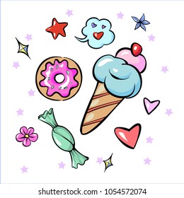 Set of fun trendy sweets heart star icecream candy flower sticker isolated on white