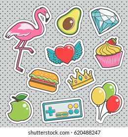 Set of fun trendy vintage sticker fashion badges with pink flamingo, shiny diamond, avocado, cupcake. Vector illustrations for iron on patches, transfer tottoos, sew on chevron.