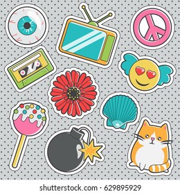 Set Of Fun Trendy Vintage Sticker Fashion Badges With Eyeball, Cute Cat, Cake Pops, Love Angel Emoji, Peace Sign. Vector Illustrations For Iron On Patches, Transfer Tottoos, Sew On Chevron.