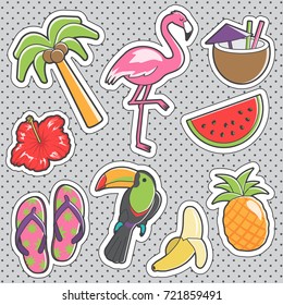 Set Of Fun Trendy Vintage Sticker Fashion Badges With Tropical Exotic Relax Items. Vector Illustrations For Iron On Patches, Transfer Tottoos, Sew On Chevron.