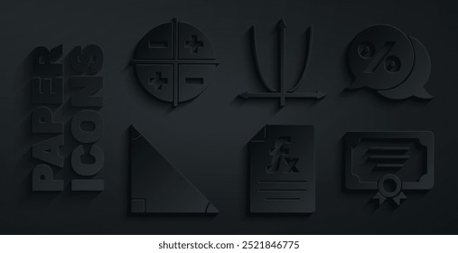 Set Function mathematical symbol, Discount percent tag, Triangle, Certificate template, Graph, schedule, chart, diagram and XYZ Coordinate system icon. Vector